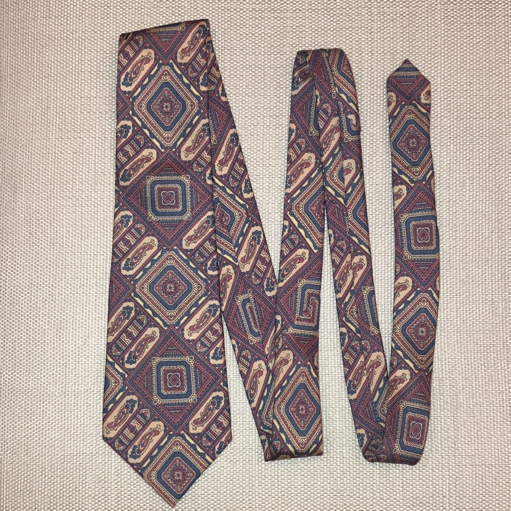 Vintage Park Lane silk tie, paisley, red, tan & teal blue-green